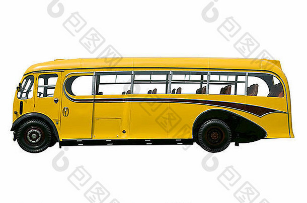 古董黄色的学校公共汽车孤立的白色剪裁路径