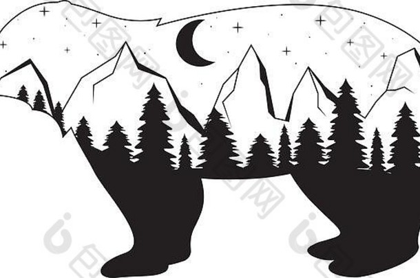 月亮山森林晚上景观轮廓熊