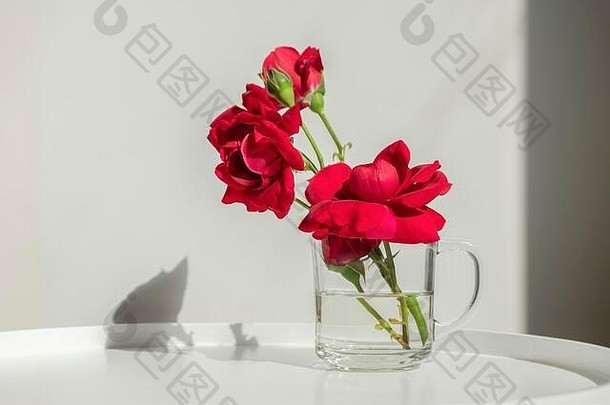 首页装饰室内美丽的红色的玫瑰玻璃杯白色表格有创意的严厉的阴影