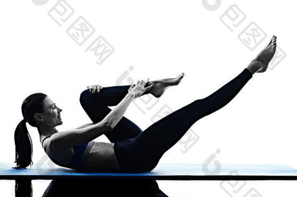 高加索人女人锻炼普拉提练习健身轮廓孤立的白色背沟