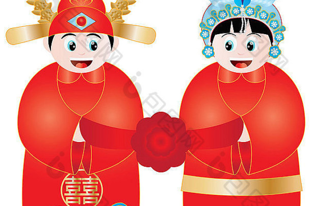 中国人婚礼夫妇传统的皇家服装双幸福文本插图