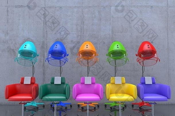 色彩斑斓的站头发烘干机扶手椅室内美沙龙理发店多色的设备干燥样式头发