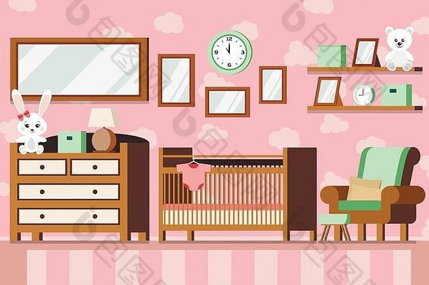 舒适的女孩婴儿房间室内粉红色的颜色背景