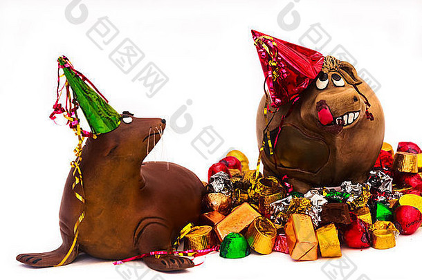 粘土动物聚会，派对快乐牛巧克力高不赞成的海狮子站桩糖果包装器