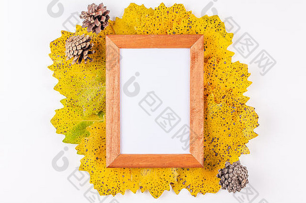 秋天风格照片框架复制空间包围黄色的叶子松视锥细胞
