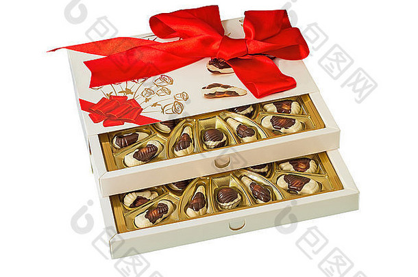 漂亮的装饰系丝带盒子巧克力礼物假期庆祝活动周年纪念日提出了白色