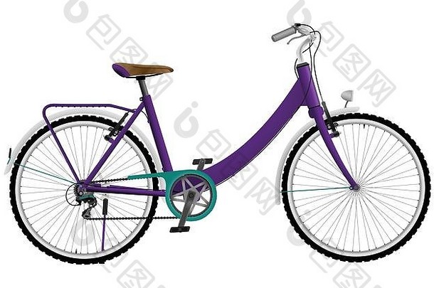 女士们紫色的城市体育自行车孤立的白色背景