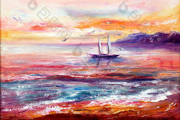 原始摘要石油绘画钓鱼船海帆布丰富的金紫色的日落海洋现代印象主义