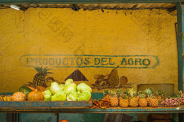 古巴哈瓦那哈瓦那老街obrapia农民市场产品的农业新鲜的新鲜的菠萝胡萝卜葫芦生菜