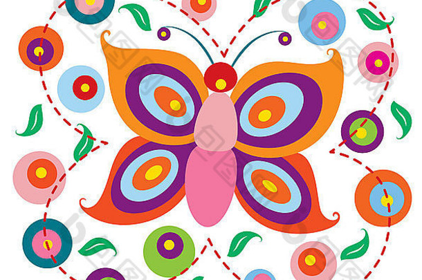 装饰蝴蝶色彩斑斓的颜色装饰缝行虚线花叶子
