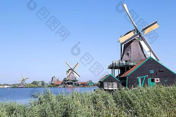 风车雍斯安村蓝色的天空荷兰