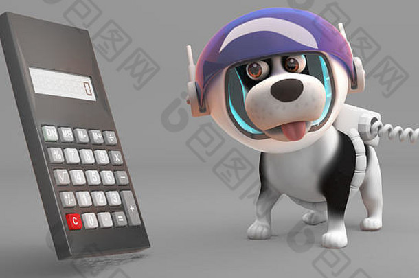 感兴趣小狗狗宇航服数字计算器插图渲染