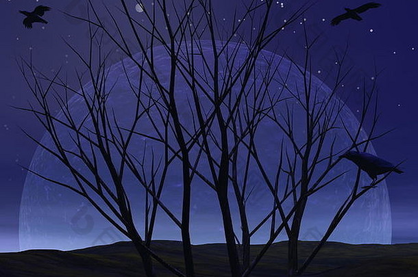 死树布什沙漠乌鸦乌鸦晚上完整的月亮渲染
