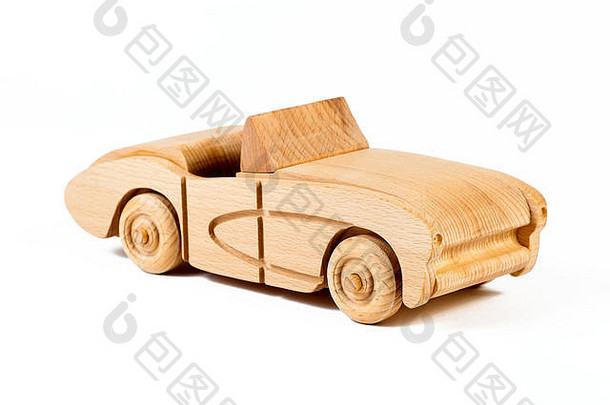 照片复古的汽车蓬式汽车山毛榉玩具使木白色孤立的背景