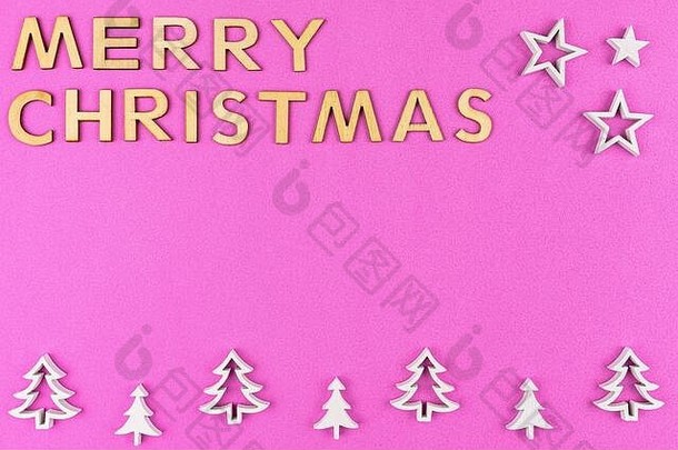 登记快乐圣诞节使木信说谎平孤立的粉红色的粗糙的背景白色木圣诞节树arra