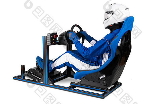 比赛司机蓝色的头盔是否是simracing铝模拟器钻井平台视频游戏赛车赛车运动车桶座位操舵轮