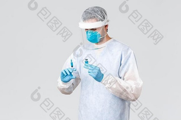 科维德流感大流行医疗保健工人战斗病毒爆发医生个人保护设备脸盾手套插入疫苗