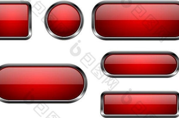 红色的按钮集玻璃图标铬框架
