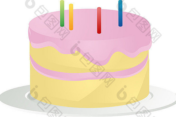 生日蛋糕粉红色的糖衣蜡烛等角插图