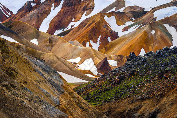 孤独的徒步旅行者色彩斑斓的流纹岩山字段熔岩兰德曼纳劳卡冰岛