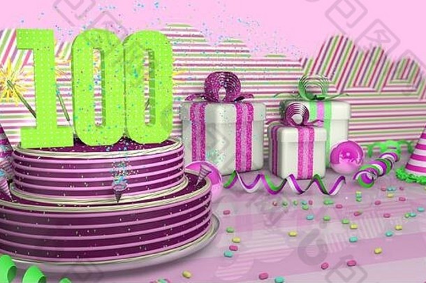 紫色的轮生日蛋糕装饰色彩斑斓的火花粉红色的行明亮的表格绿色飘带聚会，派对帽子礼物盒子