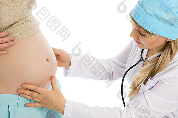 医生检查怀孕了女孤立的白色