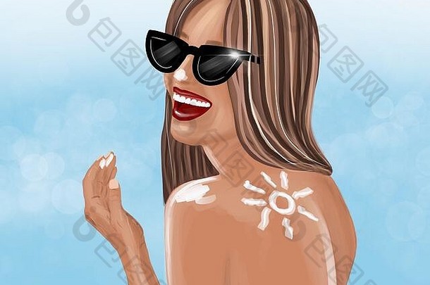 手绘肖像年轻的女人太阳形状肩膀蓝色的背景概念皮肤保护太阳