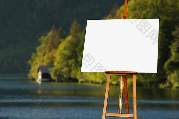 空白画家艺术家帆布画架湖背景复制空间艺术图片绘画