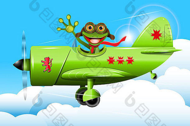 插图快乐绿色青蛙飞行员飞机