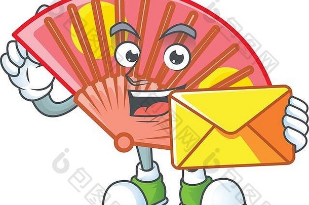 高高兴兴地红色的中国人折叠风扇吉祥物设计信封