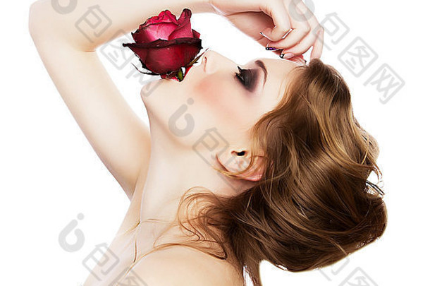 有吸引力的女人红色的玫瑰白色背景