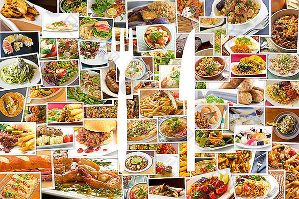 拼贴画很多受欢迎的在世界范围内食物叉刀象征形状