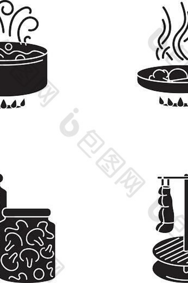 烹饪技术黑色的字形图标集白色空间食物准备方法烹饪过程轮廓符号沸腾煎