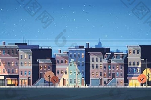 城市建筑房子晚上视图天际线背景真正的房地产可爱的小镇概念水平横幅平