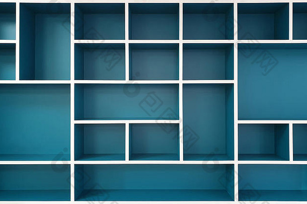 空衣橱货架上背景现代木衣柜盒子美丽的蓝色的白色框架室内设计结合摘要形状模式