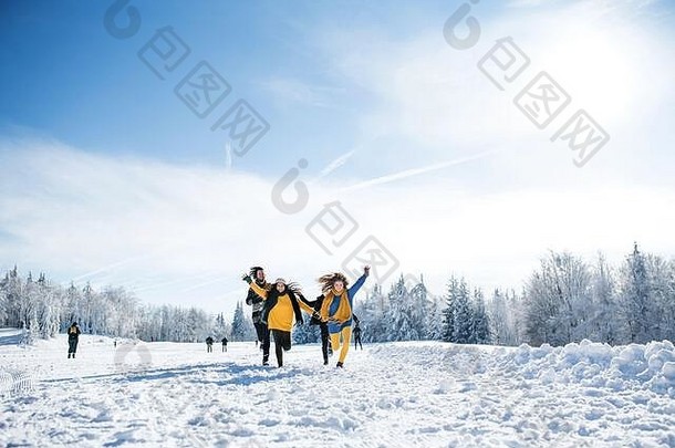 集团年轻的朋友走在户外雪冬天森林运行