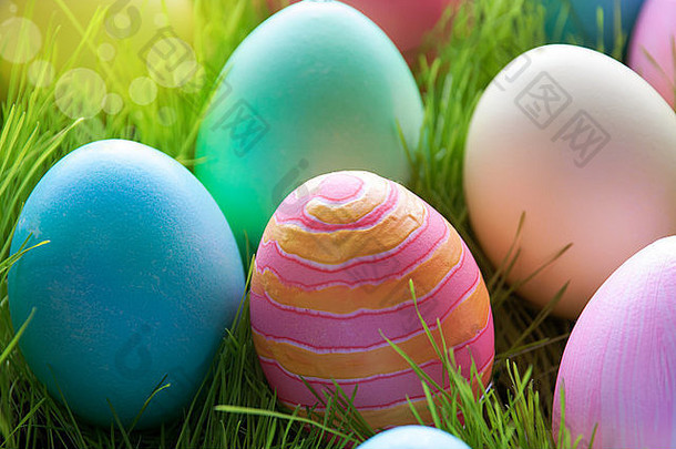 关闭色彩斑斓的复活节鸡蛋阳光明媚的绿色酱复活节季节鸡蛋粉红色的橙色