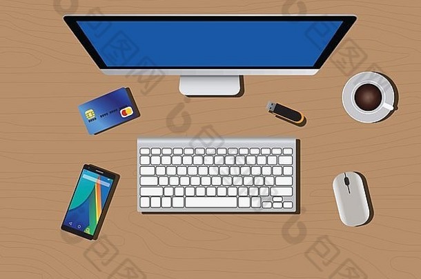 <strong>工作</strong>空间电脑键盘鼠标咖啡智能手机