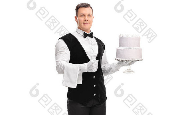 服务员持有蛋糕孤立的白色背景