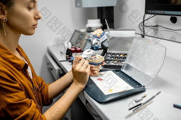 女人技术员着色牙科假肢油漆刷实验室概念植入 物生产