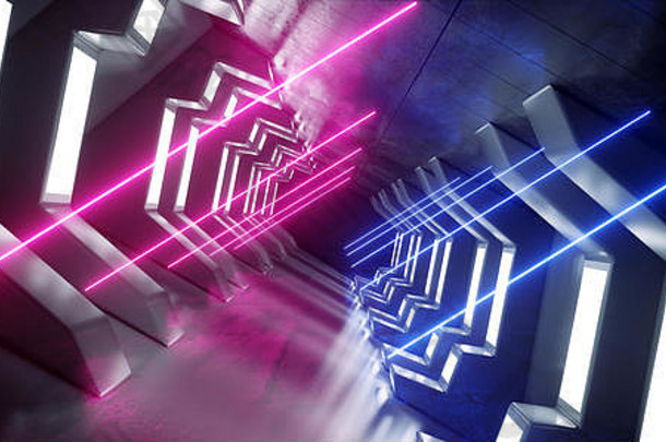 宇宙飞船走廊霓虹灯发光的紫色的蓝色的充满活力的sci未来主义的金属反光混凝土走廊入口门呈现插图