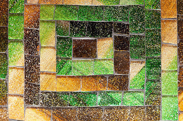 摘要色彩斑斓的矩形玻璃马赛克背景绿色棕色（的）语气块模式