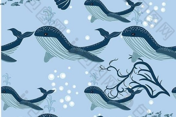 无缝的模式可爱的可爱的海滩有趣的主题海洋蓝色的鲸鱼果冻鱼海锚海藻波柔和的色彩斑斓的