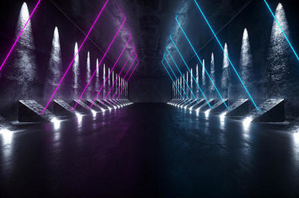 黑暗科幻空现代未来主义的空间船隧道走廊难看的东西反光混凝土纹理蓝色的紫色的霓虹灯发光的三角形形状的