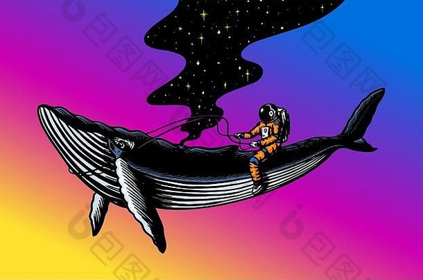宇航员宇航员蓝色的鲸鱼天文星系空间有趣的宇航员探索冒险刻手画草图行星