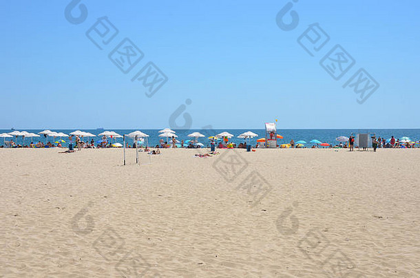 海滨海滩警告保加利亚黑色的海海岸7月