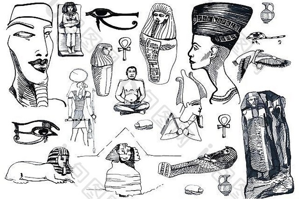 手画插图黑色的标记技术埃及集合