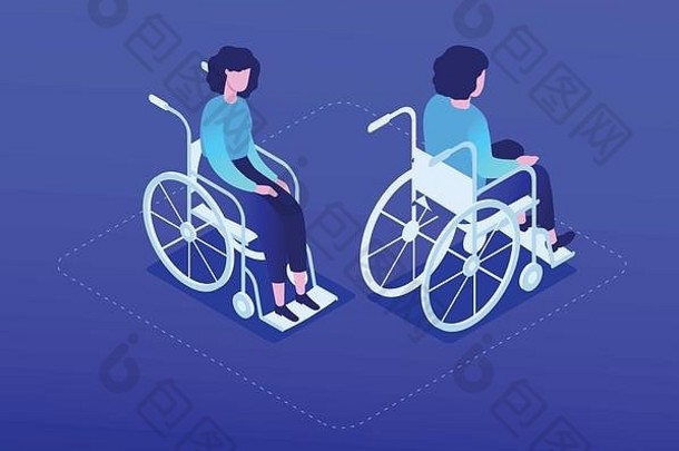女人轮椅现代等角字符集