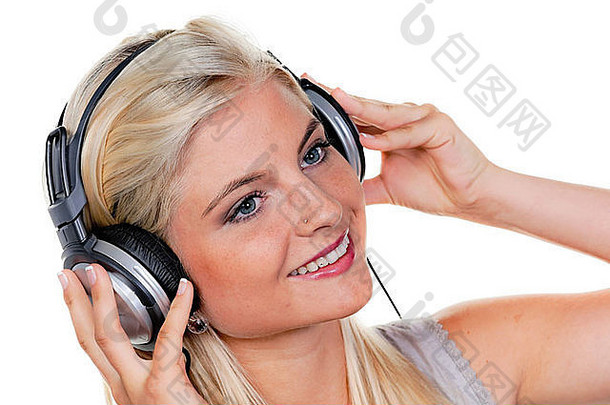 女人耳机听音乐放松白色背景