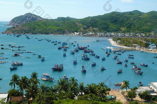 美丽的全景景观越南海滩荣湾安保砰集团船锚钓鱼村